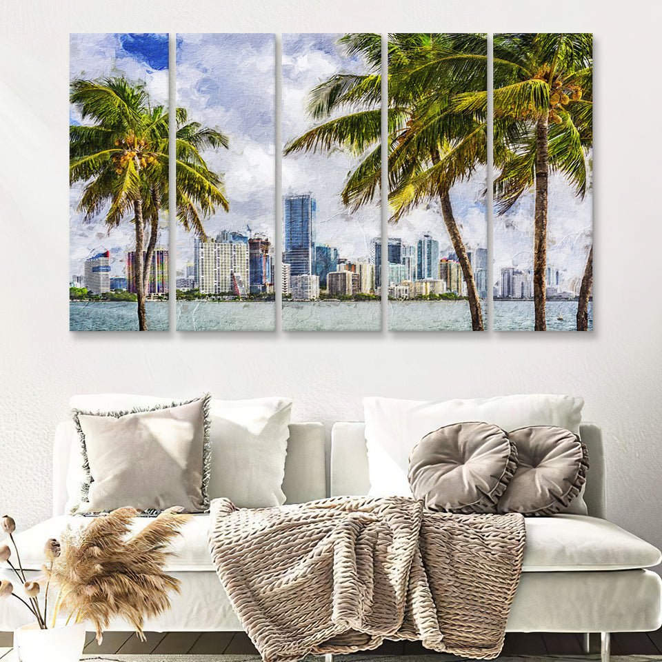 Miami Skyline Large Wall Art Miami Stylish 5 Piece B Canvas Prints Wall Art Decor - Painting Canvas, Multi Panels