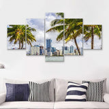 Miami Skyline Large Wall Art Miami Stylish 5 Piece Canvas Prints Wall Art Decor - Painting Canvas, Multi Panels