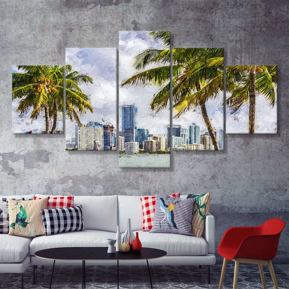 Miami Skyline Large Wall Art Miami Stylish 5 Piece Canvas Prints Wall Art Decor - Painting Canvas, Multi Panels