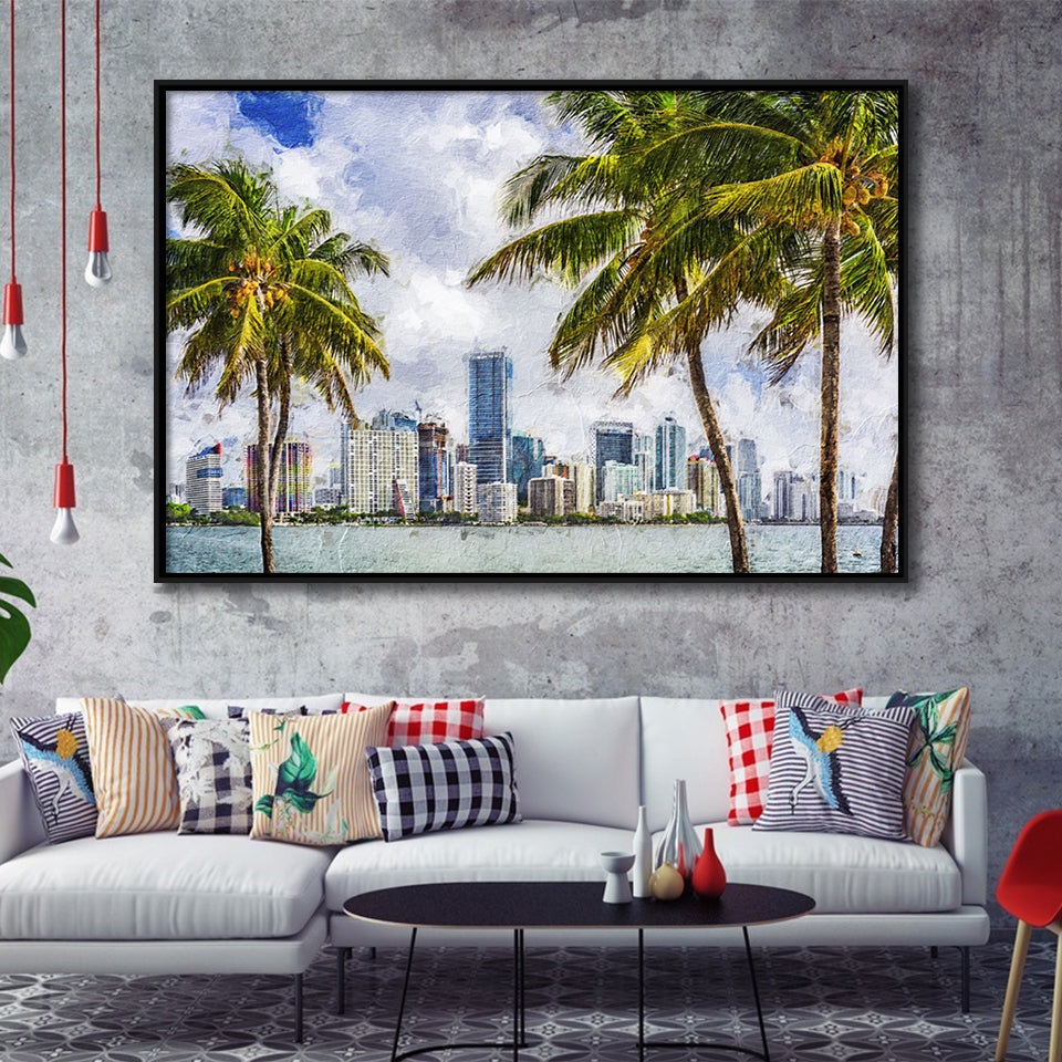 Miami Skyline Large Wall Art Miami Stylish Framed Canvas Prints Wall Art Decor - Paiting Canvas, Art Prints, Floating Frame