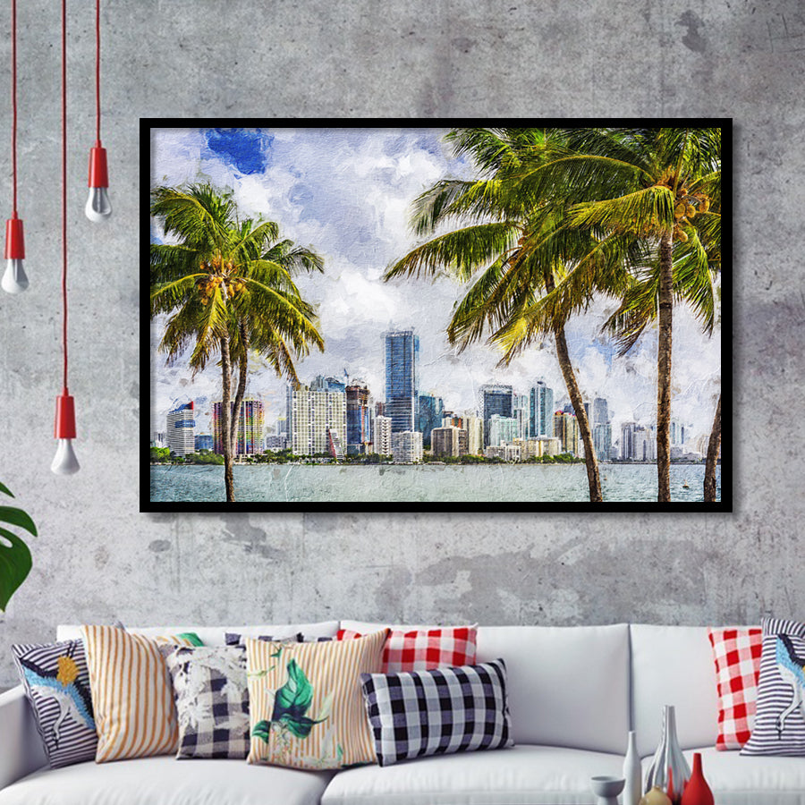 Miami Skyline Large Wall Art Miami Stylish Framed Art Prints Wall Decor - Painting Prints, Framed Picture, Home Decor