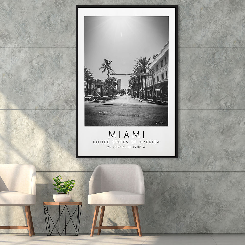 Miami Usa 1 Black And White Art Framed Canvas Prints Wall Art Home Decor, Floating Frame
