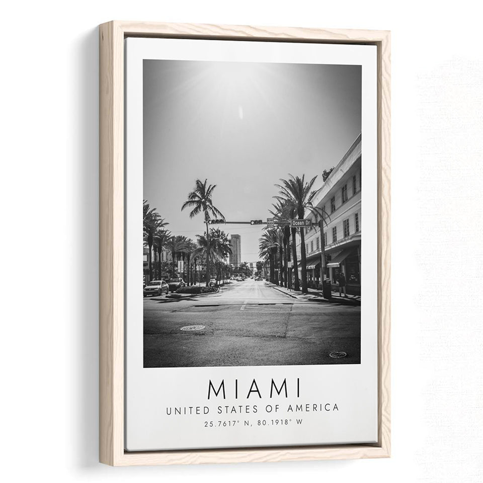 Miami Usa 1 Black And White Art Framed Canvas Prints Wall Art Home Decor, Floating Frame