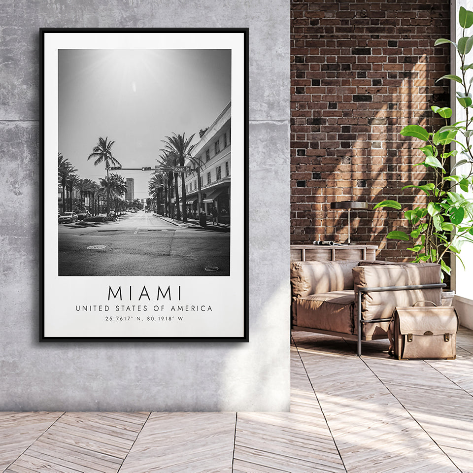 Miami Usa 1 Black And White Art Framed Canvas Prints Wall Art Home Decor, Floating Frame