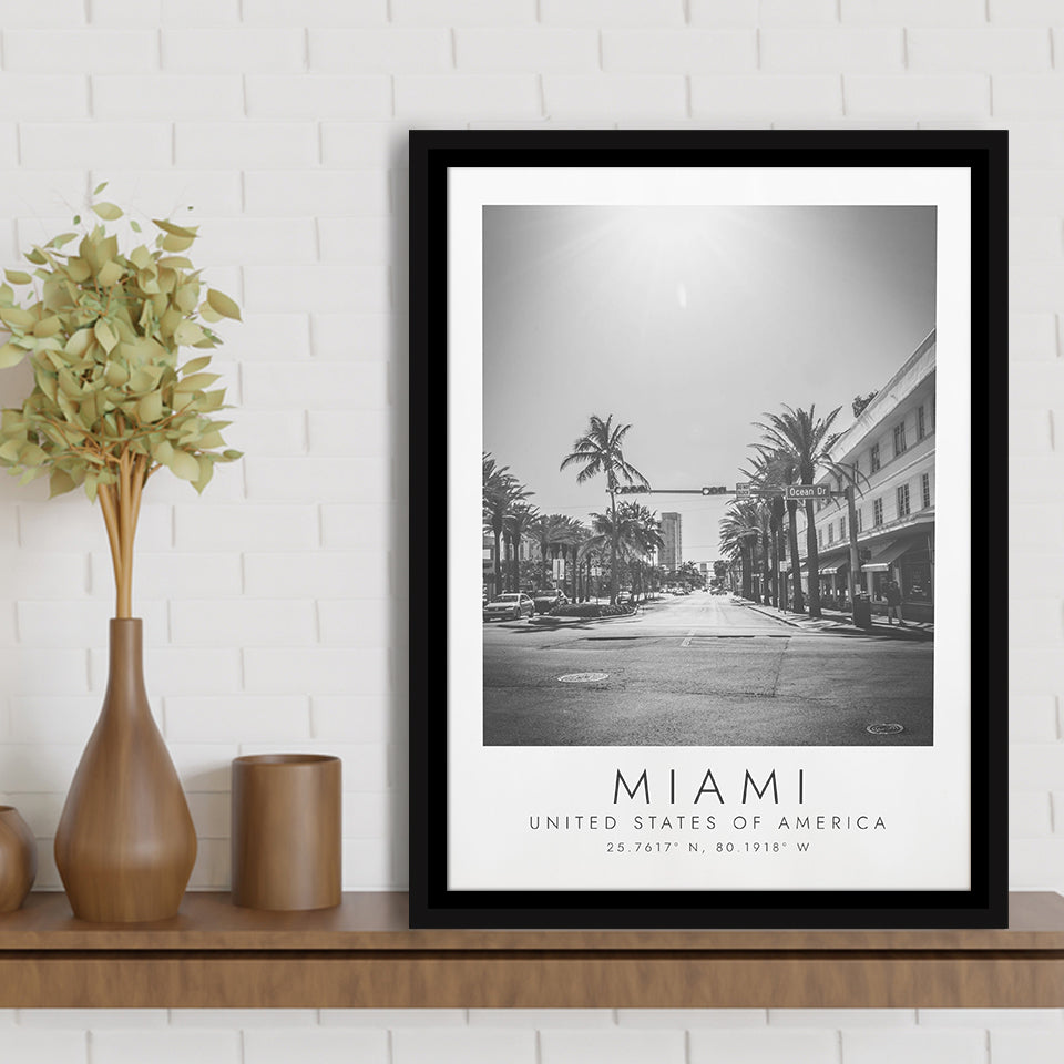 Miami Usa 1 Black And White Art Framed Canvas Prints Wall Art Home Decor, Floating Frame