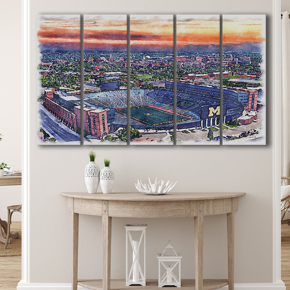 Michigan Wolverines Michigan Stadium Watercolor, 5 Pieces B, Multi Panel Canvas Prints Wall Art Decor