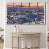 Michigan Wolverines Michigan Stadium Watercolor, 5 Pieces B, Multi Panel Canvas Prints Wall Art Decor