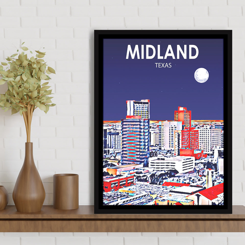 Midland Texas Art Night Landscape, Large Canvas, Framed Canvas Print Wall Art Home Decor, Floating Frame