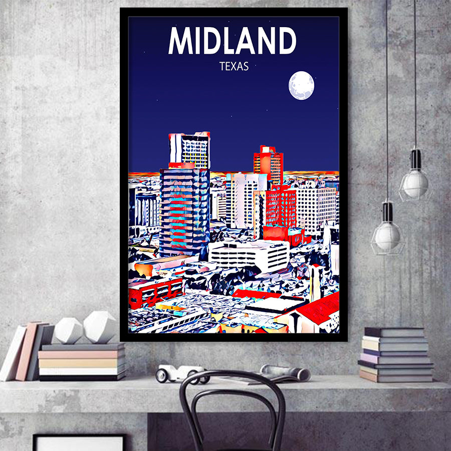 Midland Texas Art Night Landscape, City Art Print, Framed Art Print Wall Art Home Decor, Framed Picture
