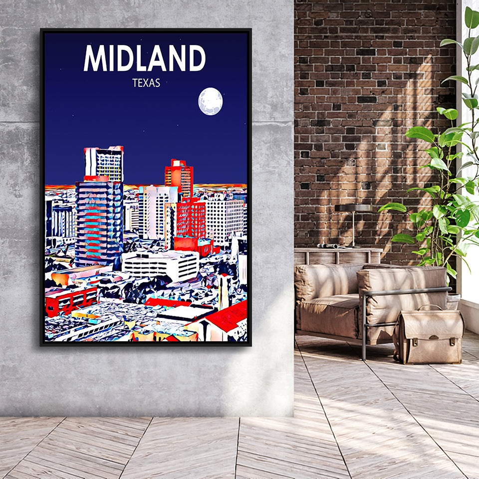 Midland Texas Art Night Landscape, Large Canvas, Framed Canvas Print Wall Art Home Decor, Floating Frame