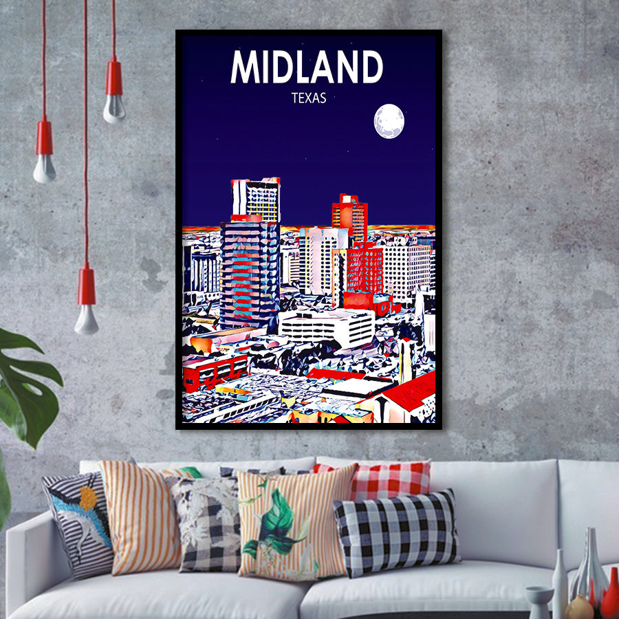 Midland Texas Art Night Landscape, City Art Print, Framed Art Print Wall Art Home Decor, Framed Picture