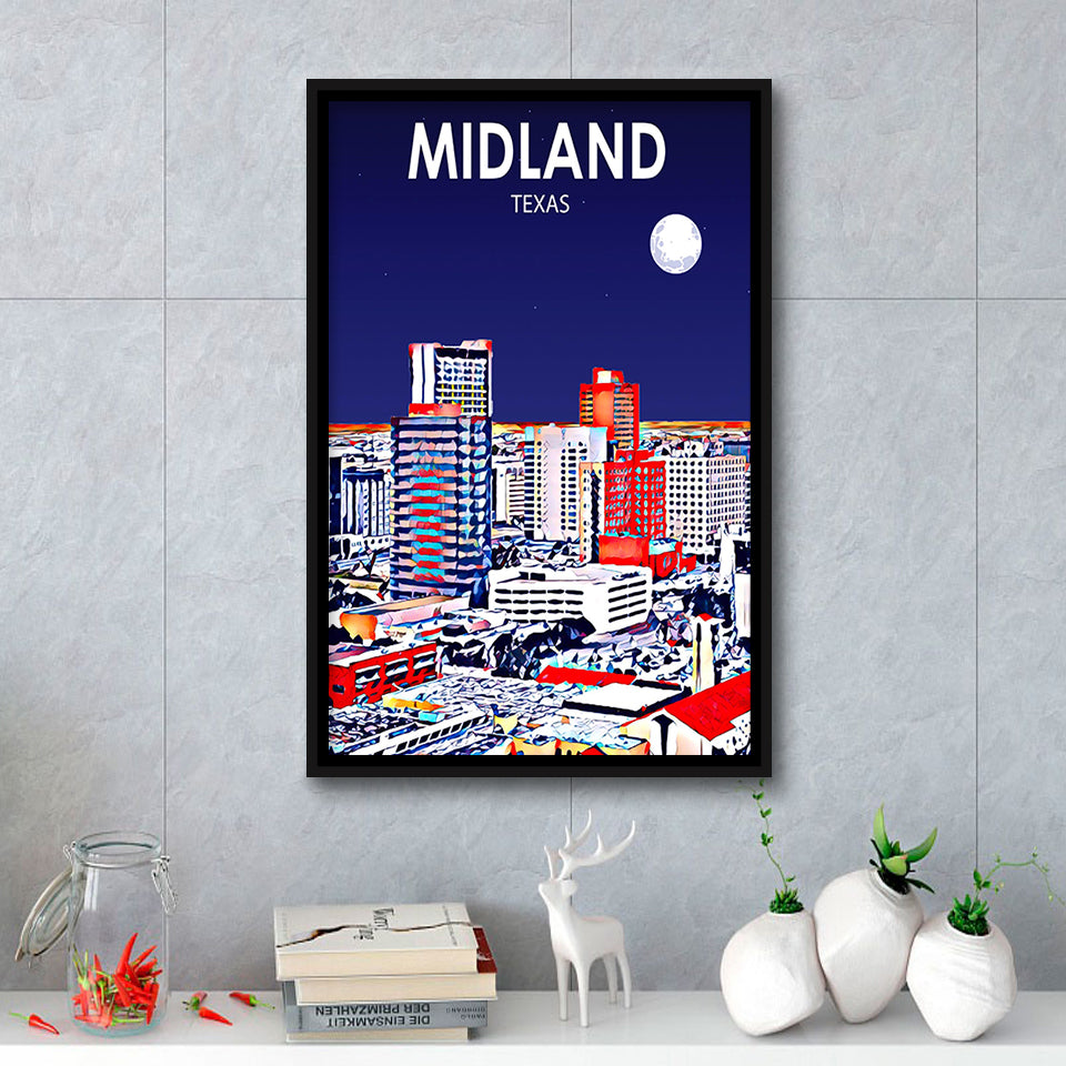 Midland Texas Art Night Landscape, Large Canvas, Framed Canvas Print Wall Art Home Decor, Floating Frame