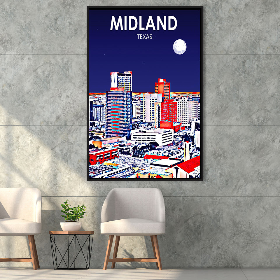 Midland Texas Art Night Landscape, Large Canvas, Framed Canvas Print Wall Art Home Decor, Floating Frame