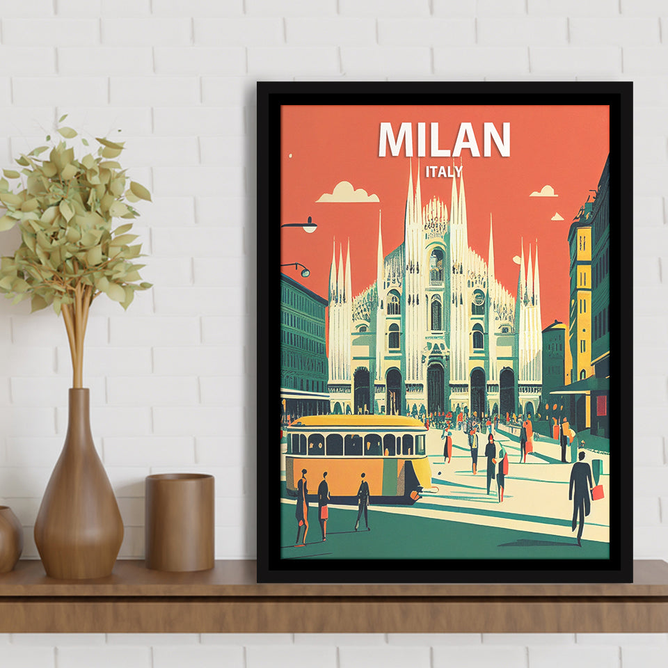 Milan Italy Retro Art Print, Large Canvas, Framed Canvas Print Wall Art Home Decor, Floating Frame