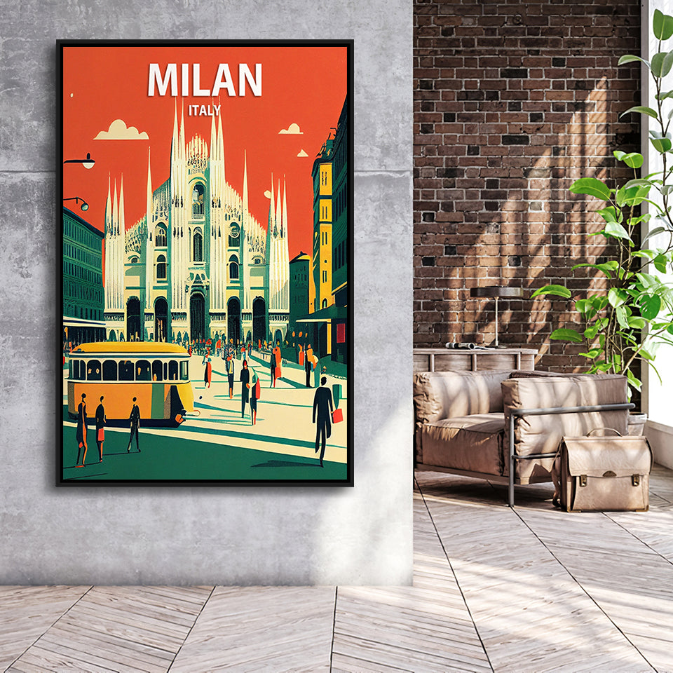 Milan Italy Retro Art Print, Large Canvas, Framed Canvas Print Wall Art Home Decor, Floating Frame