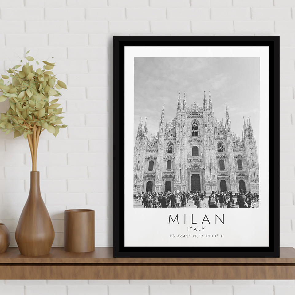 Milan Italy Black And White Art Framed Canvas Prints Wall Art Home Decor, Floating Frame