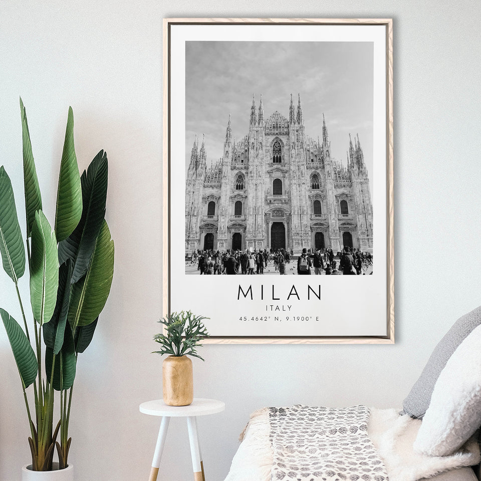 Milan Italy Black And White Art Framed Canvas Prints Wall Art Home Decor, Floating Frame
