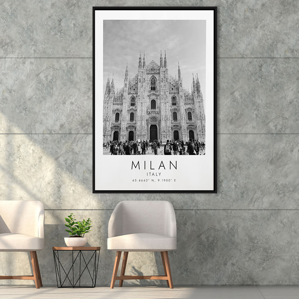 Milan Italy Black And White Art Framed Canvas Prints Wall Art Home Decor, Floating Frame
