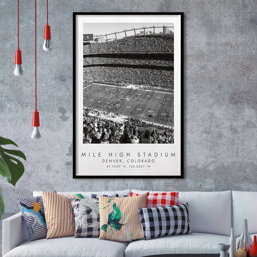 Mile High Stadium Denver Broncos Football Lovers Black And White Art Framed Art Prints Wall Art Decor, Framed Picture