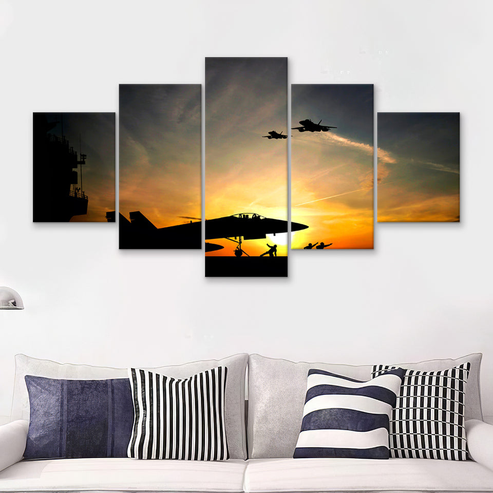 Military Aircraft Take Off On A Sunset 5 Pieces Canvas Prints Wall Art - Painting Canvas, Multi Panels, Wall Decor
