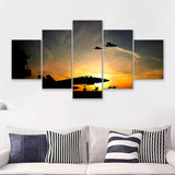 Military Aircraft Take Off On A Sunset 5 Pieces Canvas Prints Wall Art - Painting Canvas, Multi Panels, Wall Decor