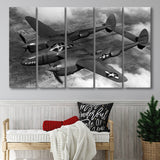 Military Lockheed Lightning Aircraft Black And White, 5 Panel B Canvas Prints Wall Art, Extra Large Canvas Decor