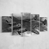 Military Lockheed Lightning Aircraft Black And White, 5 Panel Canvas Prints Wall Art,Mixed Canvas, Large Canvas
