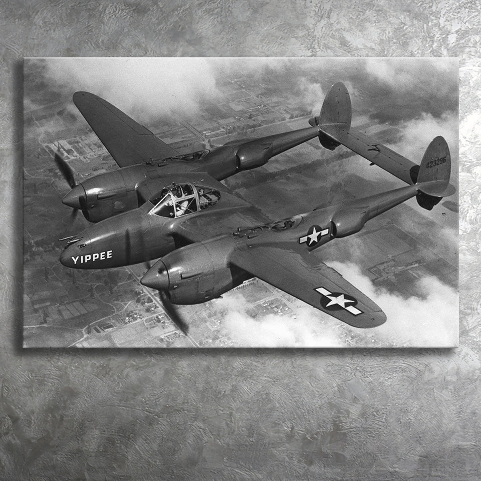 Military Lockheed Lightning Aircraft Black And White Canvas Prints Wall Art, Home Living Room Decor, Large Canvas