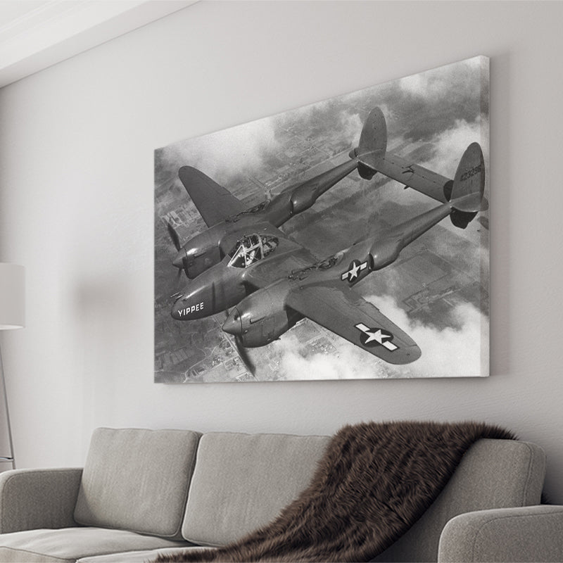 Military Lockheed Lightning Aircraft Black And White Canvas Prints Wall Art, Home Living Room Decor, Large Canvas
