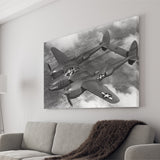 Military Lockheed Lightning Aircraft Black And White Canvas Prints Wall Art, Home Living Room Decor, Large Canvas