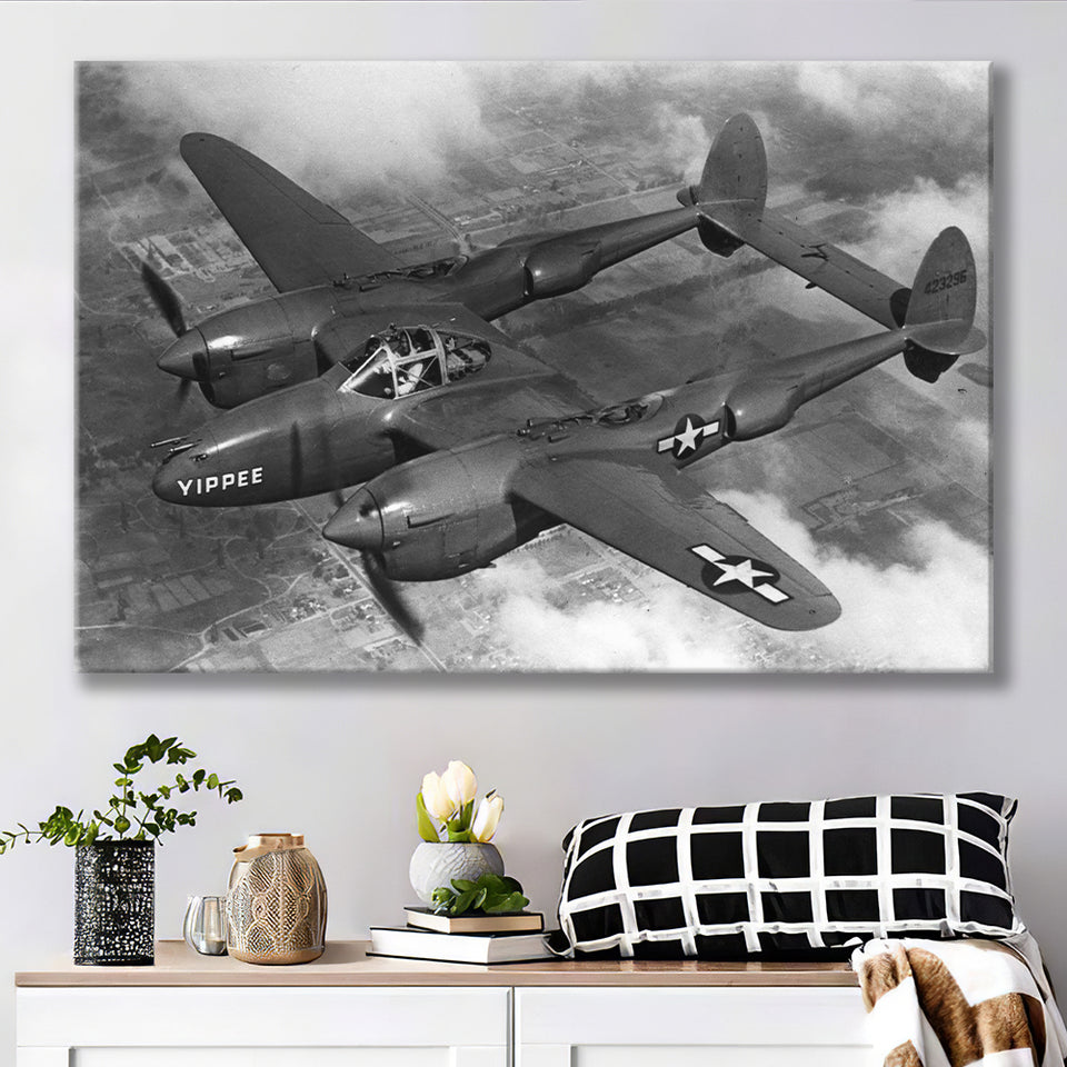 Military Lockheed Lightning Aircraft Black And White Canvas Prints Wall Art, Home Living Room Decor, Large Canvas
