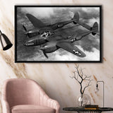 Military Lockheed Lightning Aircraft Black And White Framed Canvas Prints Wall Art, Floating Frame, Large Canvas Home Decor
