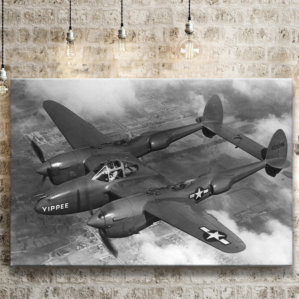 Military Lockheed Lightning Aircraft Black And White Canvas Prints Wall Art, Home Living Room Decor, Large Canvas