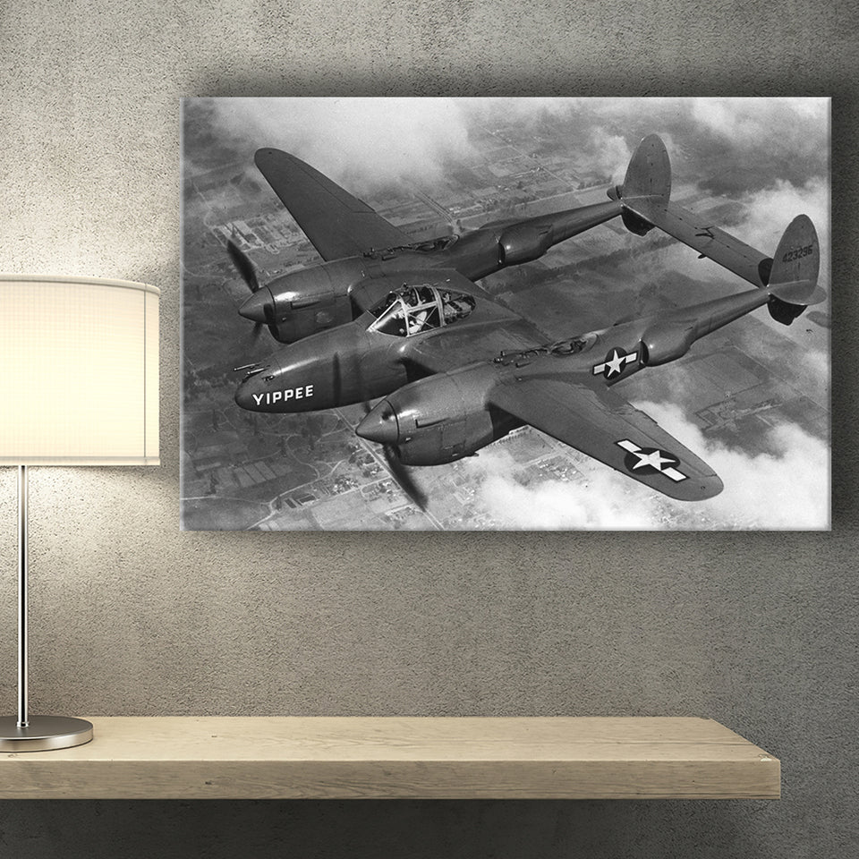 Military Lockheed Lightning Aircraft Black And White Canvas Prints Wall Art, Home Living Room Decor, Large Canvas