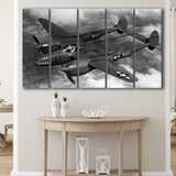 Military Lockheed Lightning Aircraft Black And White, 5 Panel B Canvas Prints Wall Art, Extra Large Canvas Decor