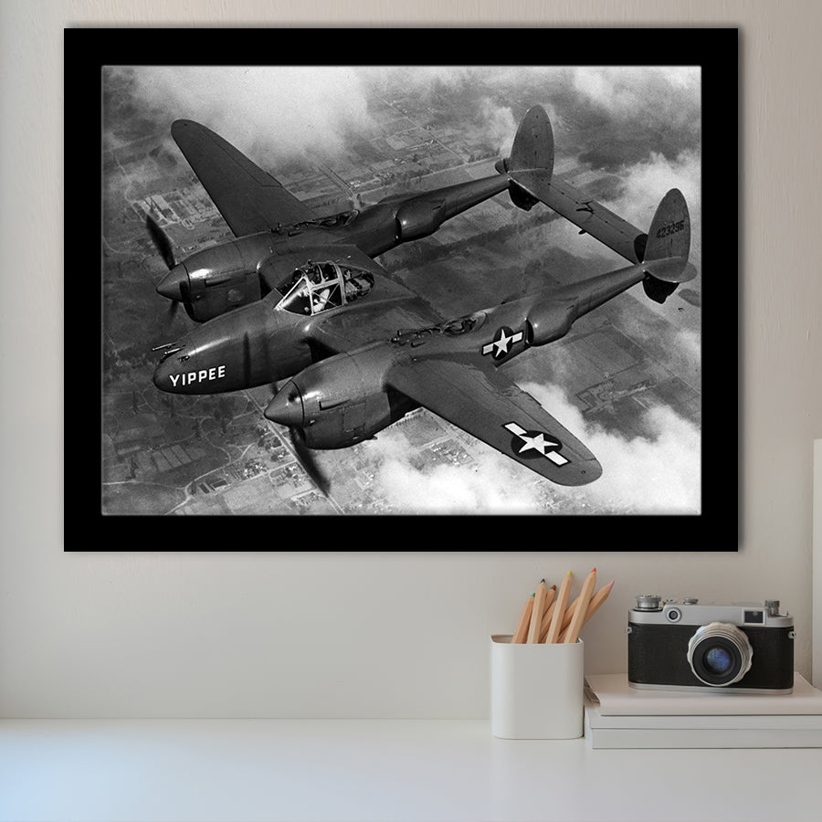 Military Lockheed Lightning Aircraft Black And White Framed Art Prints Wall Decor, Framed Picture, Large Art Prints