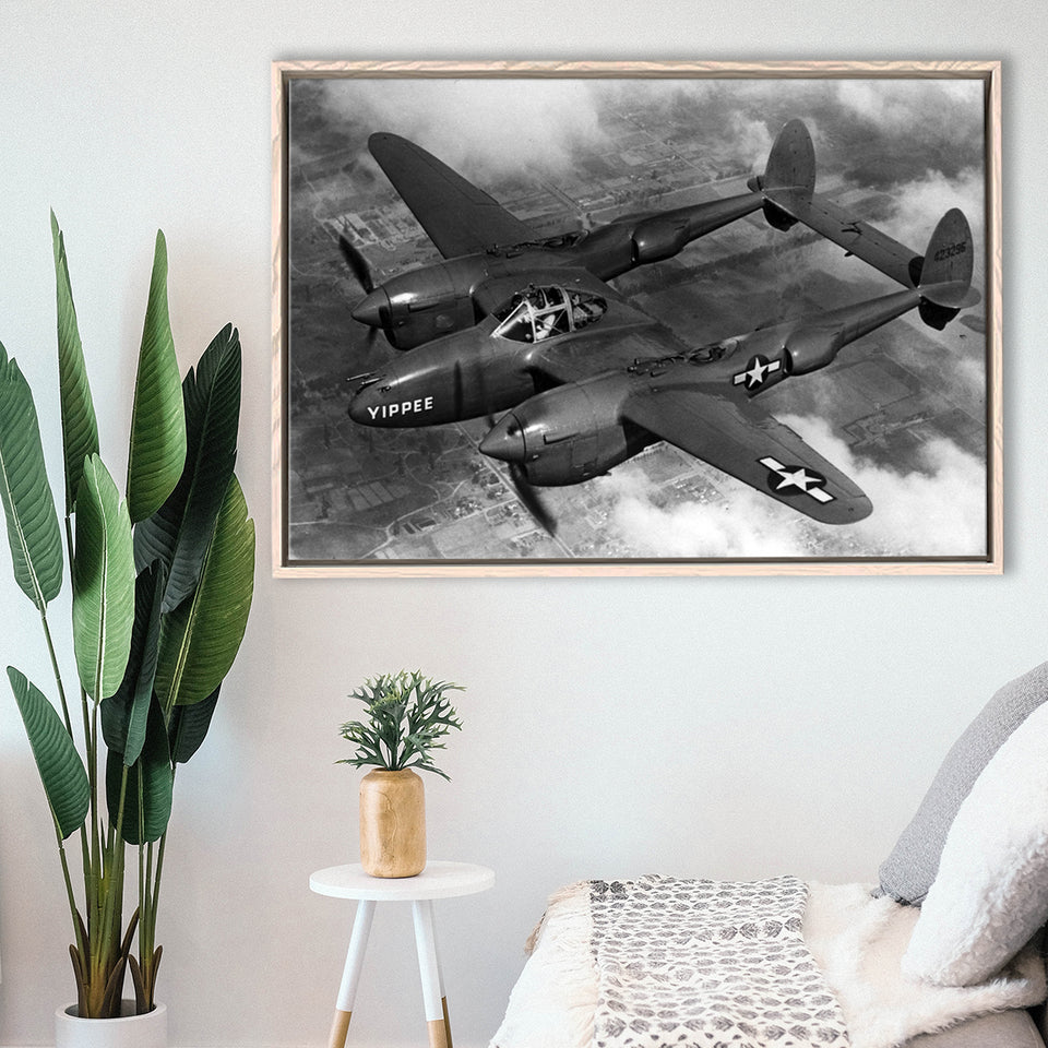 Military Lockheed Lightning Aircraft Black And White Framed Canvas Prints Wall Art, Floating Frame, Large Canvas Home Decor
