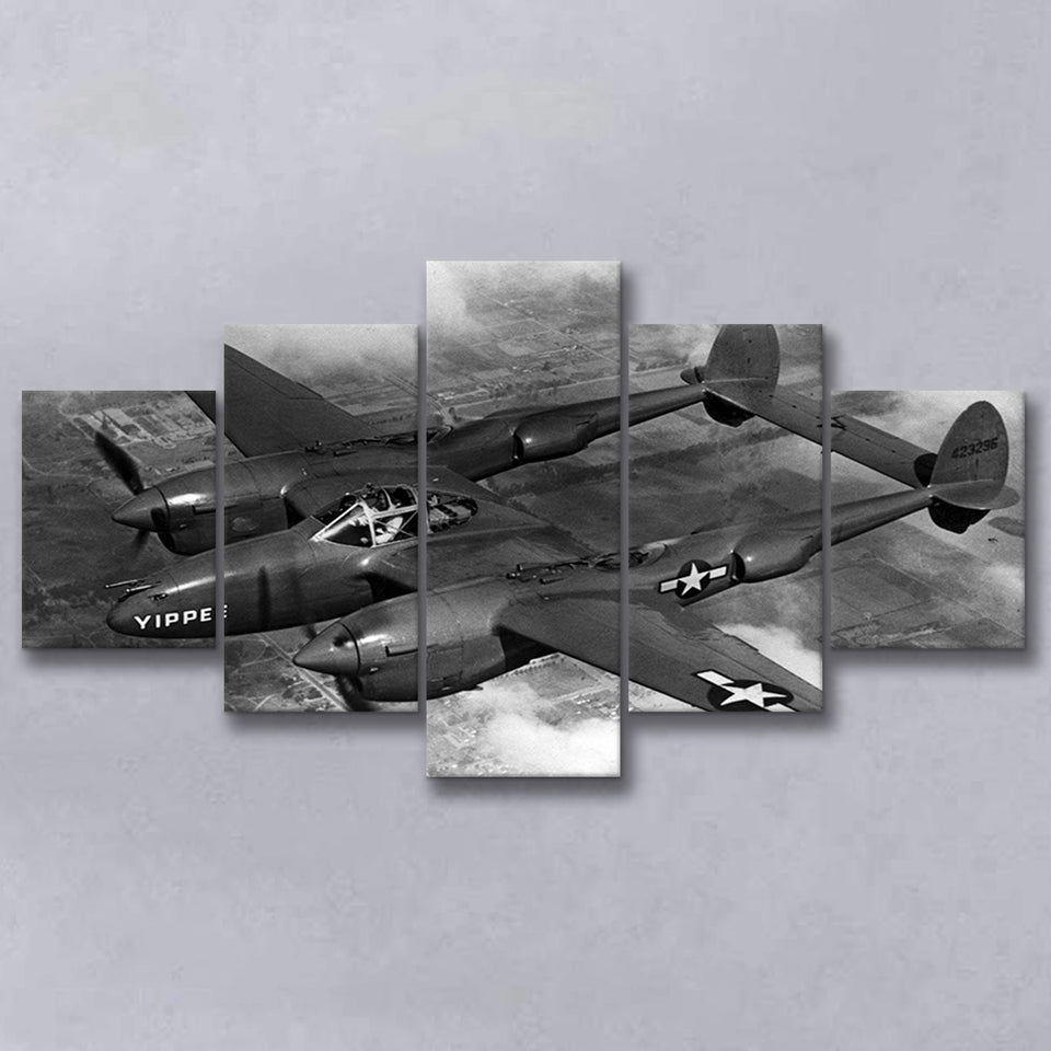 Military Lockheed Lightning Aircraft Black And White, 5 Panel Canvas Prints Wall Art,Mixed Canvas, Large Canvas