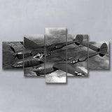 Military Lockheed Lightning Aircraft Black And White, 5 Panel Canvas Prints Wall Art,Mixed Canvas, Large Canvas