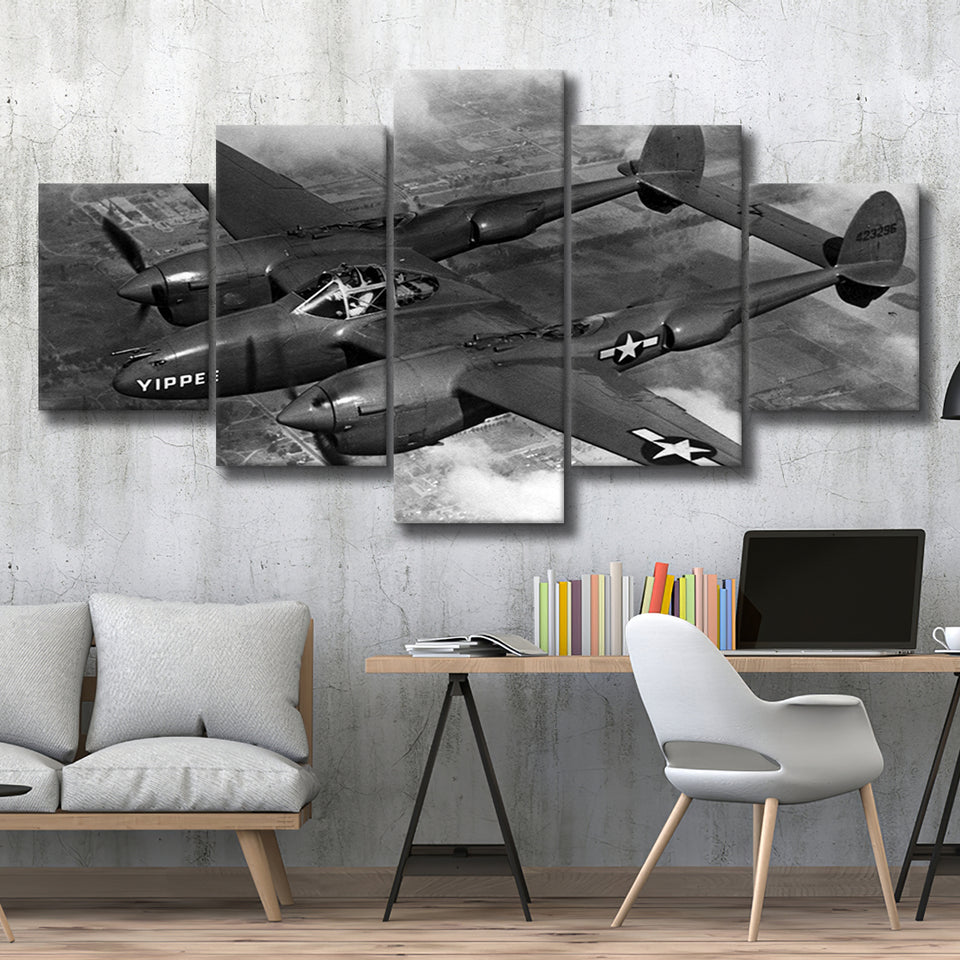 Military Lockheed Lightning Aircraft Black And White, 5 Panel Canvas Prints Wall Art,Mixed Canvas, Large Canvas