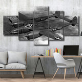 Military Lockheed Lightning Aircraft Black And White, 5 Panel Canvas Prints Wall Art,Mixed Canvas, Large Canvas