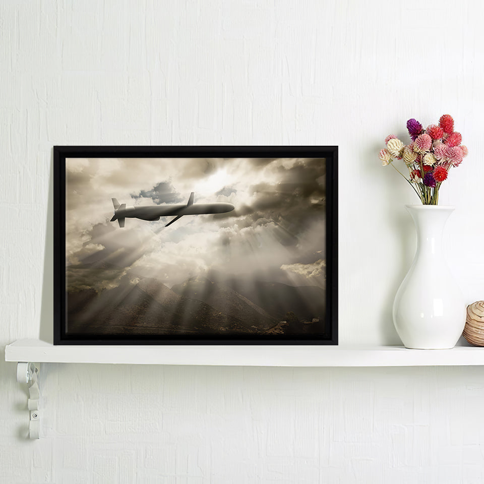 Military Cruise Missile Flies Over The Mountains Framed Canvas Wall Art - Framed Prints, Canvas Prints, Prints for Sale, Canvas Painting
