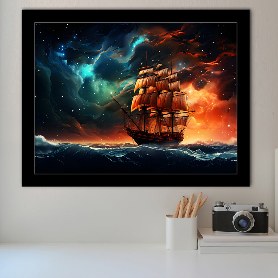 Milkyway Galaxy Pirate Ship Framed Art Prints Wall Decor, Painting Art, Framed Picture