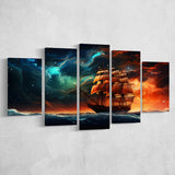 Milkyway Galaxy Pirate Ship 5 Panels Canvas Prints Wall Art Home Decor, Large Mixed Canvas