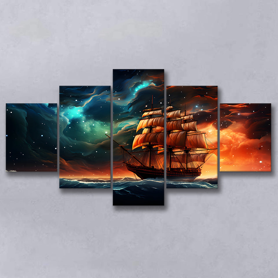 Milkyway Galaxy Pirate Ship 5 Panels Canvas Prints Wall Art Home Decor, Large Mixed Canvas