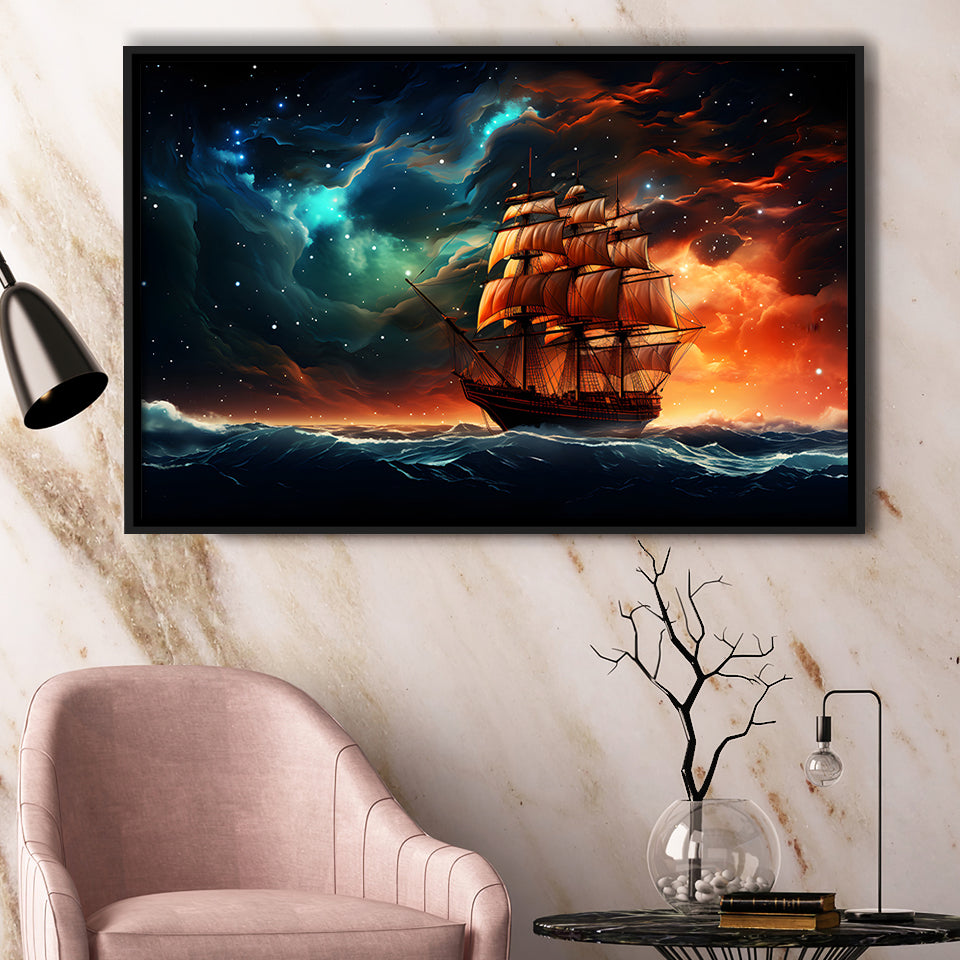 Milkyway Galaxy Pirate Ship Framed Canvas Prints Wall Art Home Decor, Painting Canvas, Floating Frame