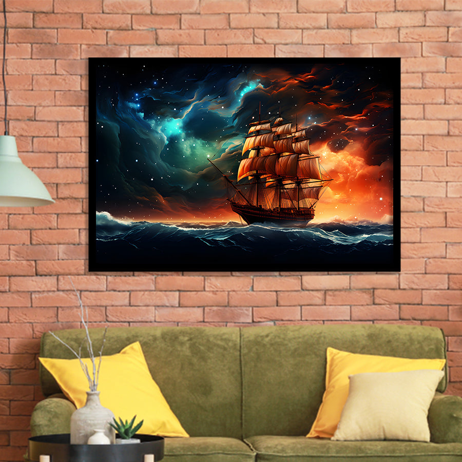 Milkyway Galaxy Pirate Ship Framed Art Prints Wall Decor, Painting Art, Framed Picture