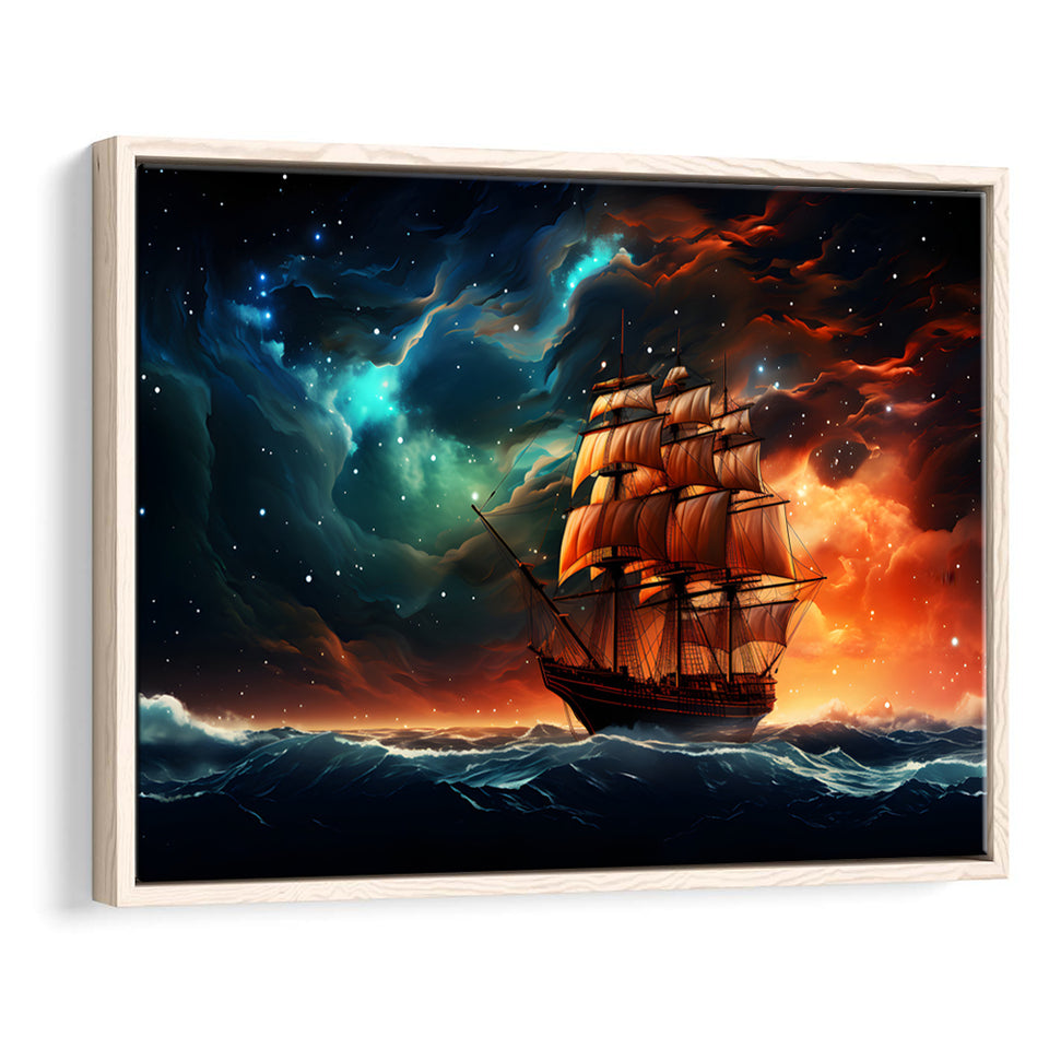 Milkyway Galaxy Pirate Ship Framed Canvas Prints Wall Art Home Decor, Painting Canvas, Floating Frame