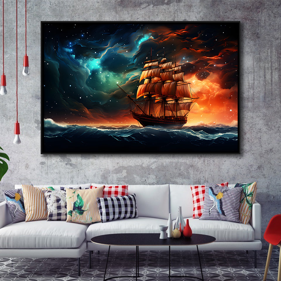 Milkyway Galaxy Pirate Ship Framed Canvas Prints Wall Art Home Decor, Painting Canvas, Floating Frame