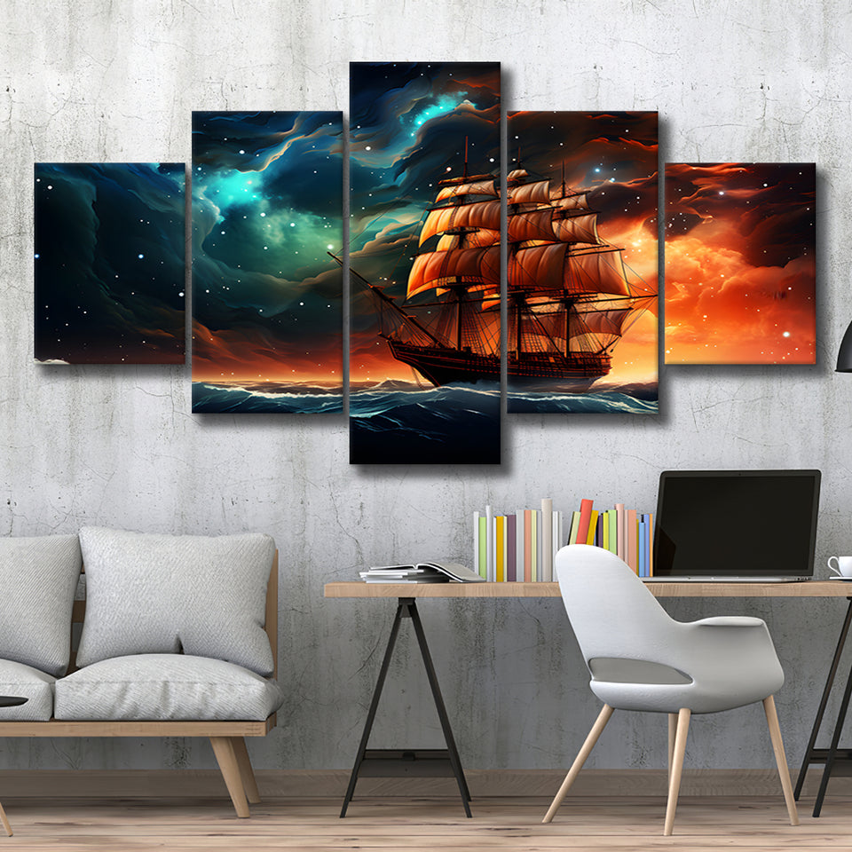 Milkyway Galaxy Pirate Ship 5 Panels Canvas Prints Wall Art Home Decor, Large Mixed Canvas